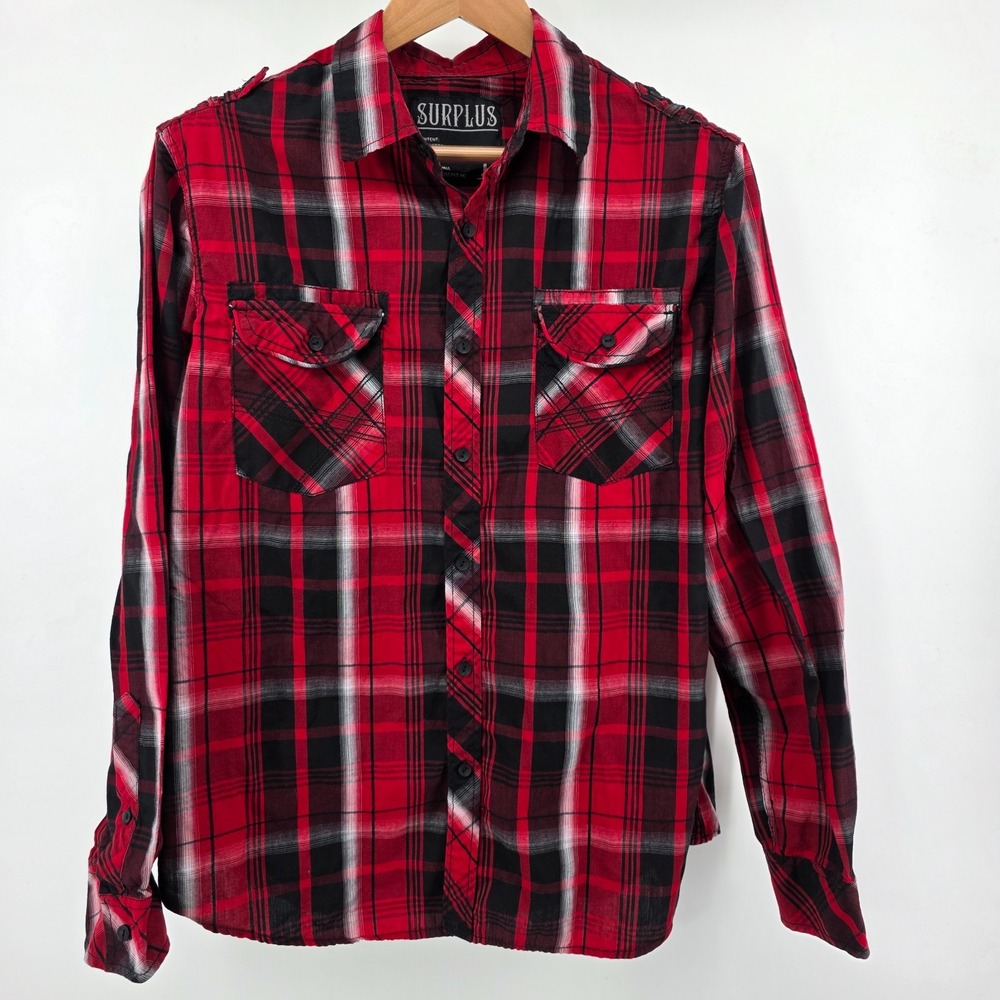 Surplus Mens Long Sleeve Shirt‎ Plaid Button Up Sz Large Red Black Fall Winter
